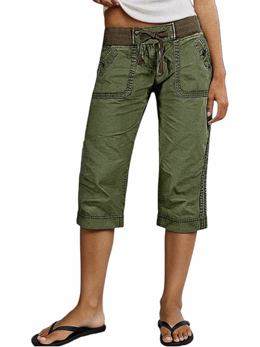 Flamingals Straight Leg High Waist Capri Drawstring Pants L